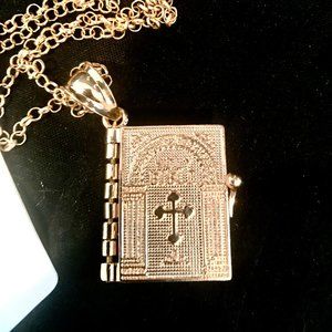 Golden Holy Bible on 24 inch Chain,Opens,The Lords Prayer Inside, Man or Woman